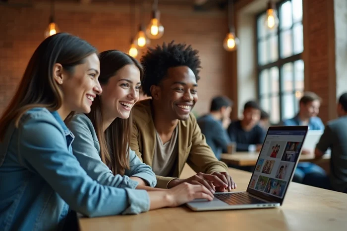 Un groupe de jeunes adultes collaborant autour d'un ordinateur portable affichant une plateforme de streaming dans un espace de coworking urbain moderne