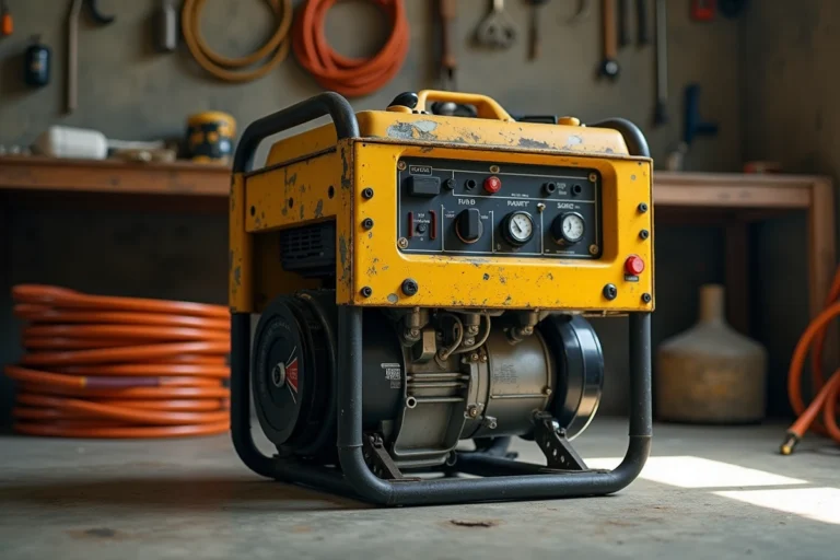 Groupe électrogène Zeus posé sur un sol en béton dans un atelier, avec câbles et outils au premier plan