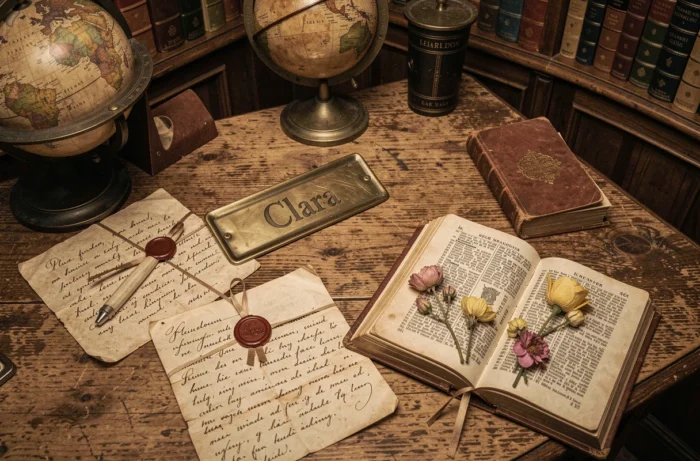 Objets anciens évoquant l'histoire du prénom Clara : plaque gravée, lettres manuscrites et dictionnaire latin vintage sur une table en chêne