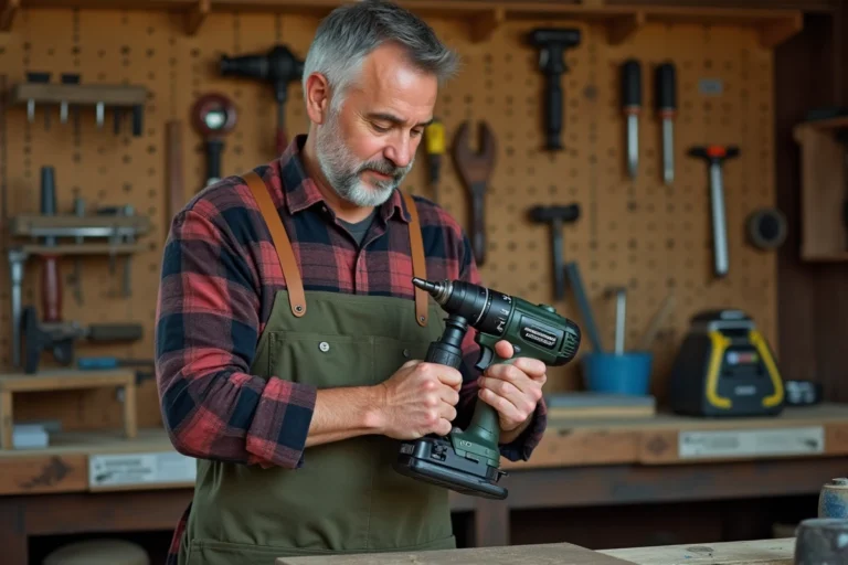 Un homme en atelier de bricolage tenant une perceuse sans fil, entouré d'outils bien rangés sur un établi en bois