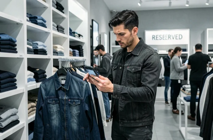 Homme consultant des avis en ligne sur son smartphone dans une boutique Reserved avant d'acheter