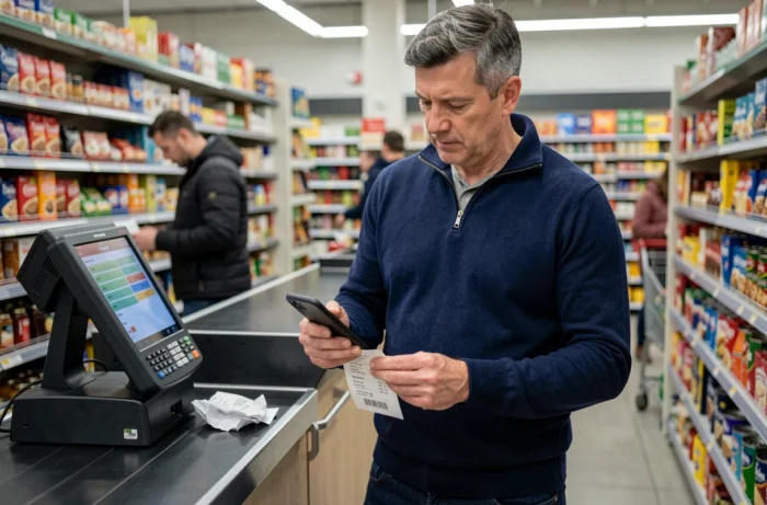 Homme comparant ses reçus de courses avec une application de budget sur smartphone en supermarché