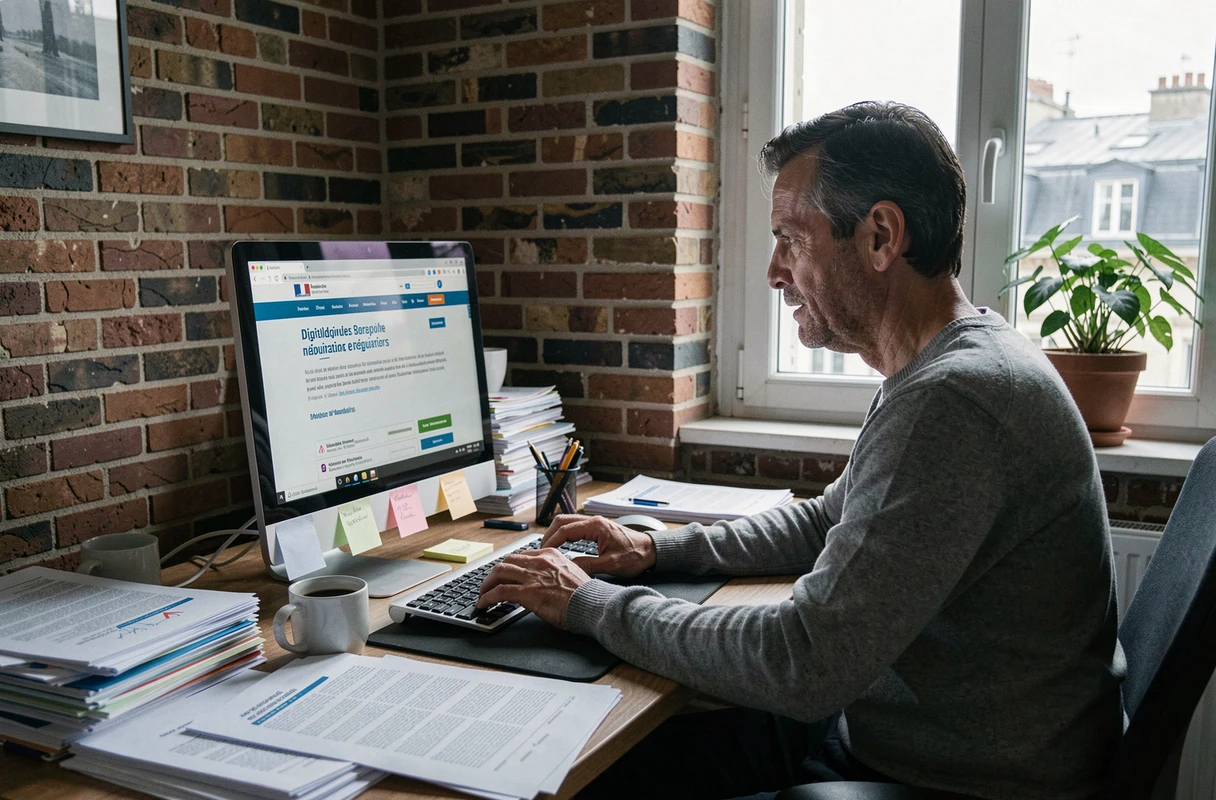 Homme naviguant sur un portail juridique français concernant la réglementation du partage de fichiers numériques depuis son domicile