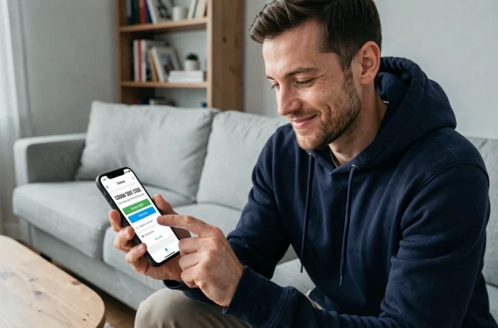 Homme utilisant un code promo sur son smartphone pour économiser lors d'achats en ligne