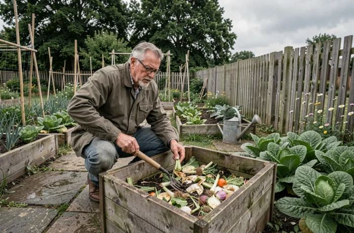Homme retournant du compost dans un bac en bois au milieu d'un jardin potager écologique