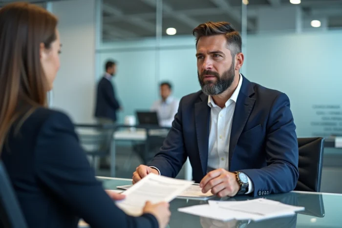 Homme consultant un conseiller bancaire en agence pour choisir la meilleure solution bancaire adaptée à ses besoins