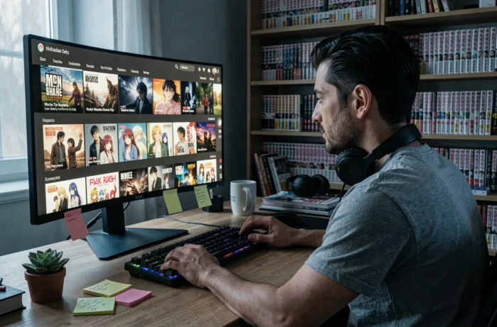 Homme parcourant une plateforme de streaming légale sur un écran d'ordinateur dans un bureau à domicile