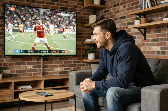 Homme regardant un match de sport en direct sur un grand écran de télévision dans un salon moderne