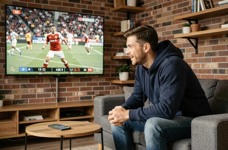 Homme regardant un match de sport en direct sur un grand écran de télévision dans un salon moderne