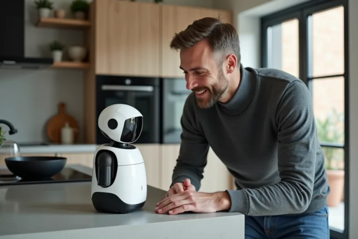 Homme inspectant un robot assistant domestique IA dans une cuisine design, nouvelles technologies maison 2024
