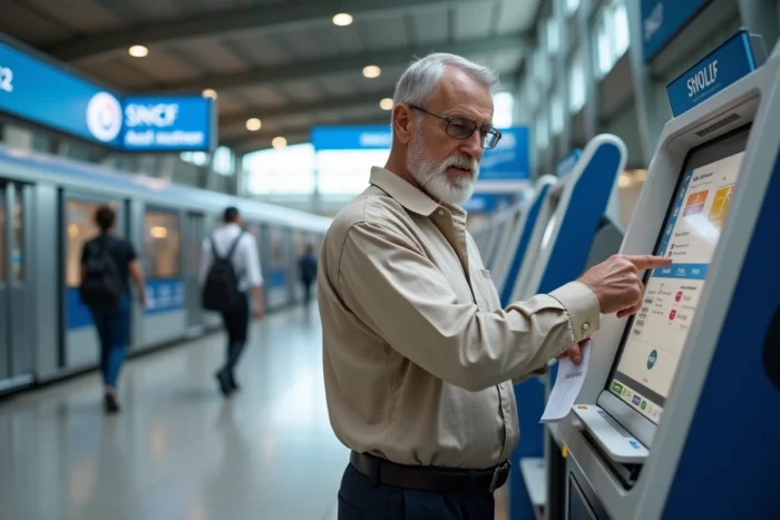 Un homme âgé utilisant une borne SNCF en gare pour activer sa carte Avantage Senior dématérialisée