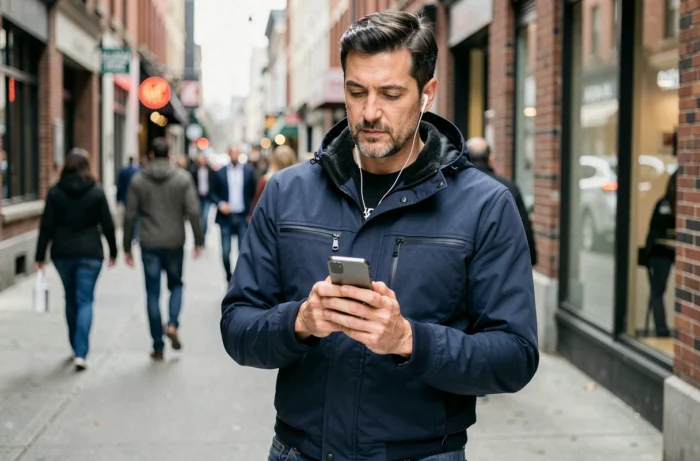 Homme consultant son smartphone Android dans la rue pour optimiser son utilisation quotidienne