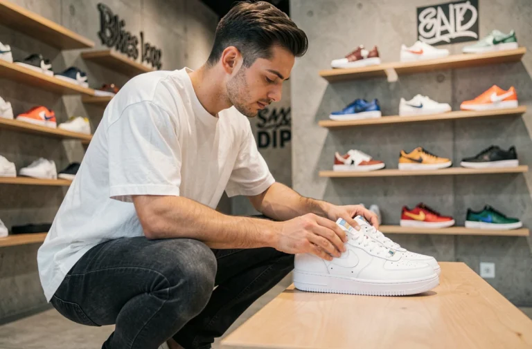 Jeune homme examinant des sneakers tendances dans une boutique moderne minimaliste aux murs en béton