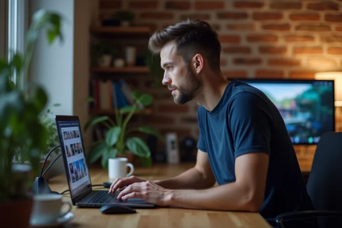 Homme naviguant sur un site de streaming gratuit depuis son bureau à domicile