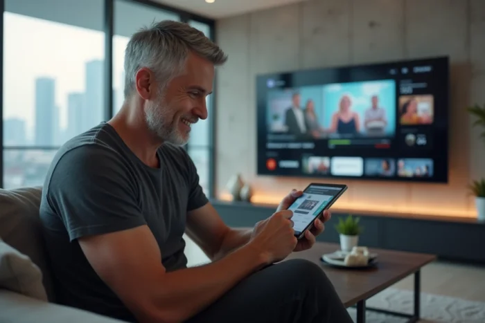 Un homme d'âge moyen naviguant sur une interface de streaming vidéo innovante via une tablette dans un salon moderne au design épuré