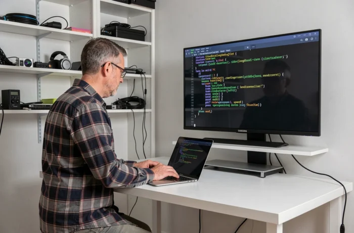 Homme installant Android sur une Smart TV Samsung via des commandes ADB sur un ordinateur portable dans un bureau à domicile