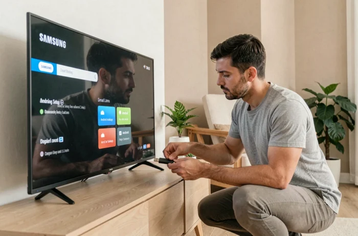 Homme connectant une clé USB à une Smart TV Samsung pour installer Android dans un salon moderne