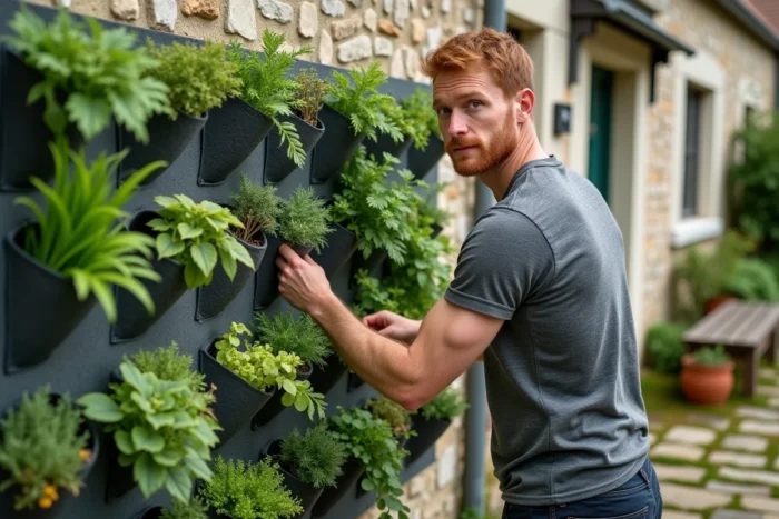 Homme installant un mur végétal vertical en poches de feutre recyclé sur un mur de pierre dans un jardin de style campagne française