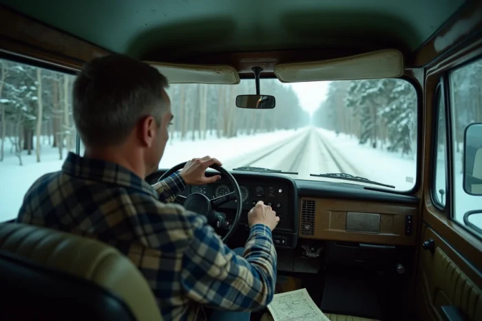 Intérieur cabine d'un utilitaire UAZ Profi avec conducteur professionnel sur route enneigée en Sibérie