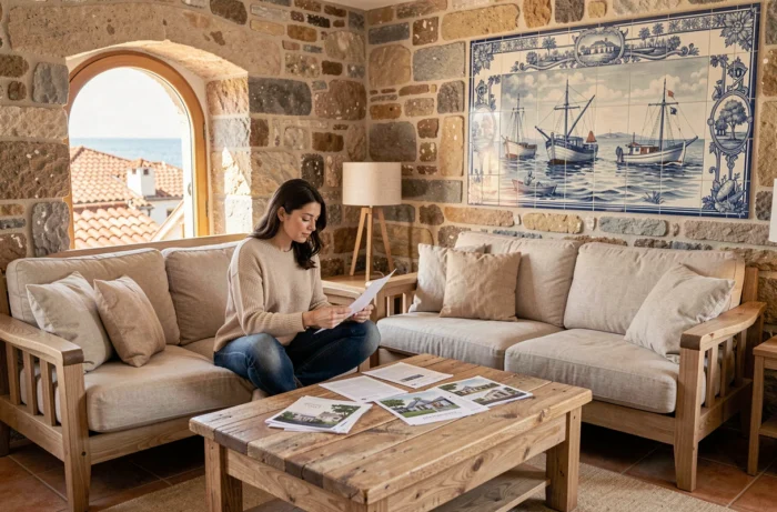 Intérieur rénové d'une maison de pêcheur portugaise avec vue sur l'océan Atlantique depuis une fenêtre voûtée