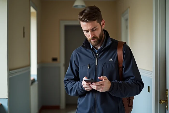 Intervenant ADMR consultant son téléphone avec l'application Philia lors d'une visite à domicile