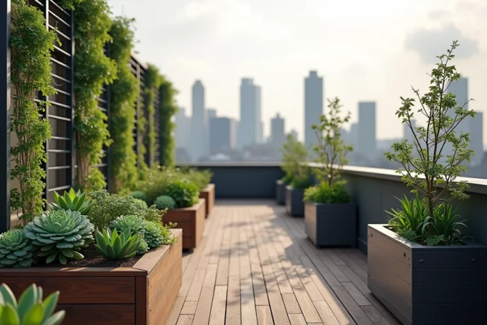 Jardin sur toiture urbain avec bacs modulaires en bois et métal, plantes grasses et vue sur la ville en arrière-plan