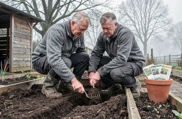 Homme âgé travaillant le compost dans un potager surélevé au printemps dans un jardin d'allotissement