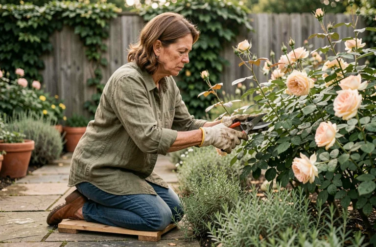 Femme jardinière qui taille un rosier dans un jardin bien entretenu avec des gants de jardinage