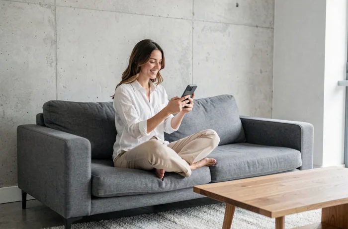 Jeune femme souriante utilisant son smartphone Android sur un canapé pour exploiter ses fonctionnalités au quotidien