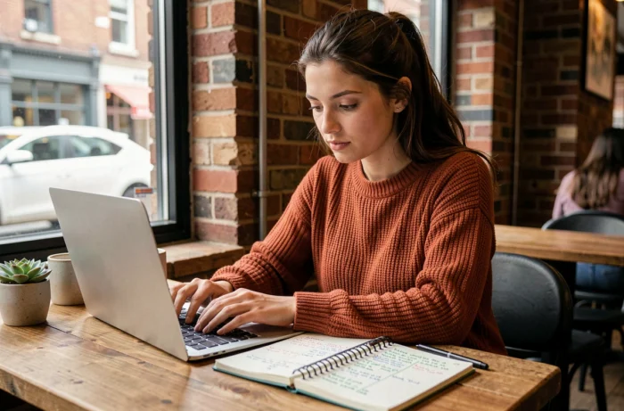 Une jeune femme travaillant sur sa stratégie de contenu webmarketing dans un café avec un carnet de notes et un ordinateur portable
