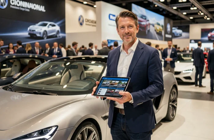Journaliste automobile présentant les dernières actualités et nouveautés lors d'un salon international