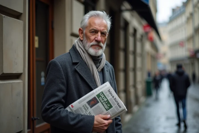 Journaliste senior devant un immeuble de presse parisien, illustrant le parcours professionnel face à la maladie