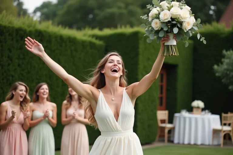 Demoiselle d'honneur attrapant le bouquet de la mariée lors d'un mariage en plein air avec des invitées souriantes autour d'elle