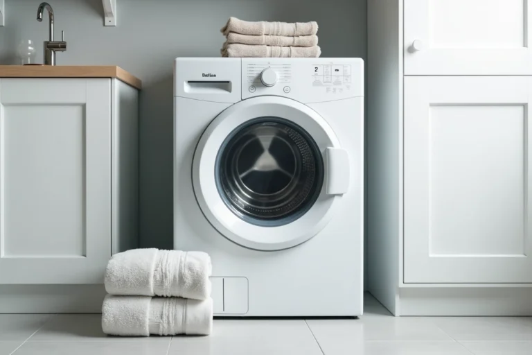 Lave-linge Valberg blanc chargement frontal dans une buanderie propre et organisée avec carrelage gris clair
