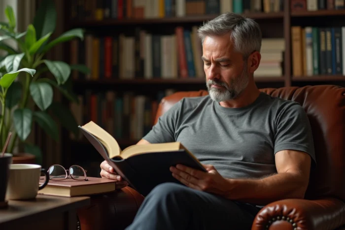 Homme lisant dans une bibliothèque personnelle confortable, illustrant comment la vie intellectuelle et privée d'un expert façonne sa réflexion et ses convictions professionnelles