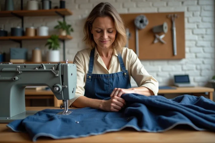 Femme utilisant une machine à coudre industrielle pour coudre plusieurs épaisseurs de tissu denim dans un atelier de couture organisé