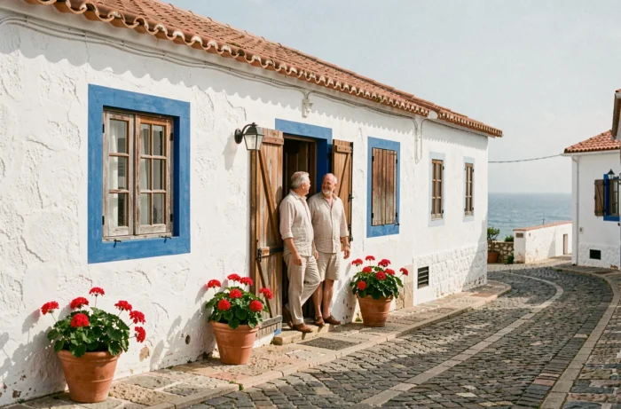 Couple visitant une maison de pêcheur traditionnelle aux murs blanchis à la chaux dans un village côtier du Portugal