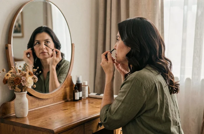 Femme d'une quarantaine d'années appliquant du mascara devant un miroir de coiffeuse en bois dans une chambre cosy