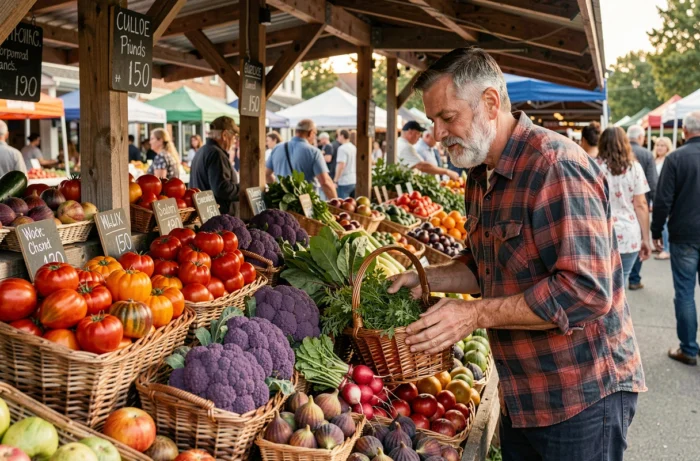 Étal de marché fermier coloré avec des légumes et fruits de saison disposés dans des paniers en osier