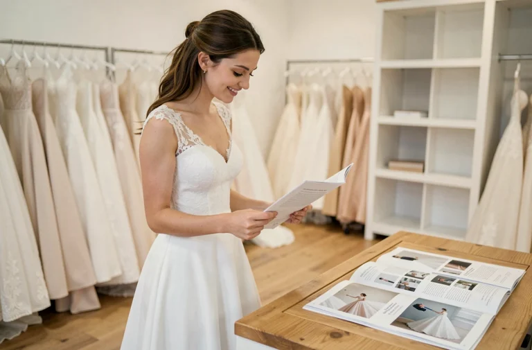 Jeune mariée feuilletant le catalogue Tati Mariage 2025 dans une boutique de robes de mariée