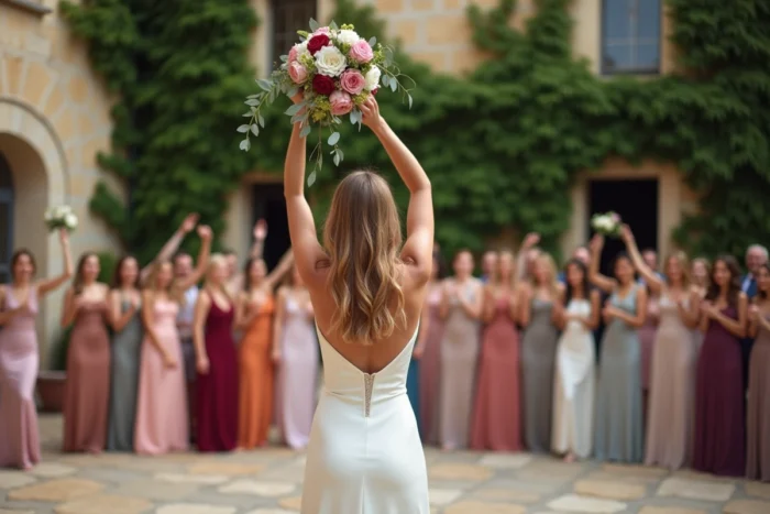 Mariée de dos prête à lancer son bouquet de pivoines vers les invitées sur la terrasse d'un château en pierre