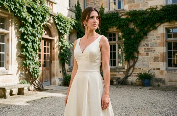 Mariée élégante en robe de soie ivoire dans la cour d'un château français, mariage discret et raffiné en 2021