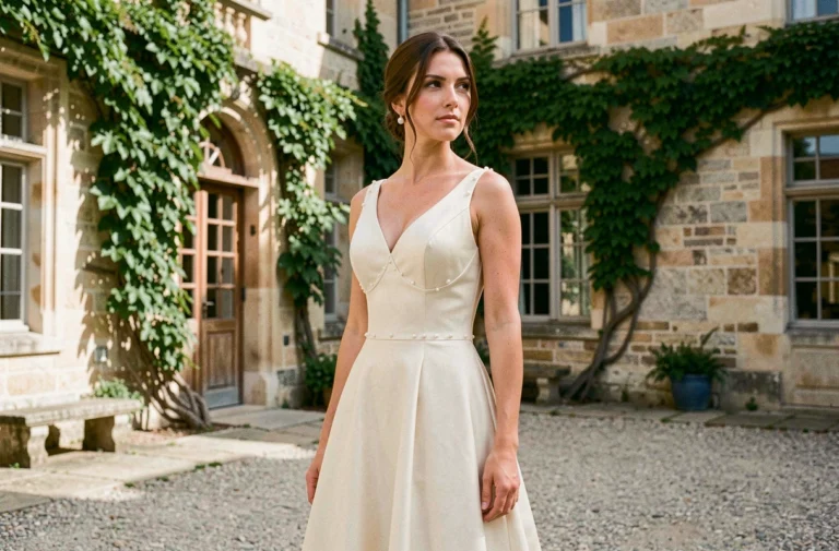 Mariée élégante en robe de soie ivoire dans la cour d'un château français, mariage discret et raffiné en 2021