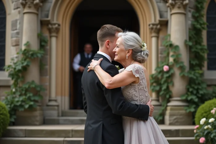 Mère et fils marié s'embrassant avec émotion devant l'entrée d'une église lors du mariage