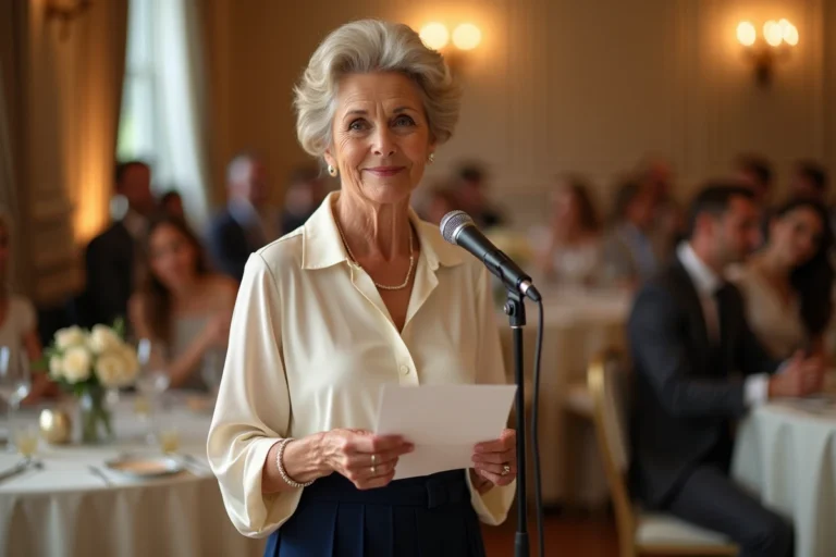 Mère du marié prononçant un discours émouvant au micro lors de la réception de mariage
