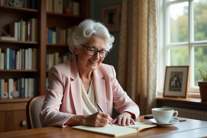 Mère du marié rédigeant son discours à la main sur du papier crème dans un bureau chaleureux à la maison