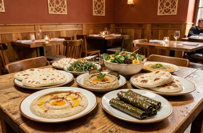 Plateau de mezze libanais traditionnel servi au restaurant Le Cèdre à Paris, avec houmous, taboulé et pain pita
