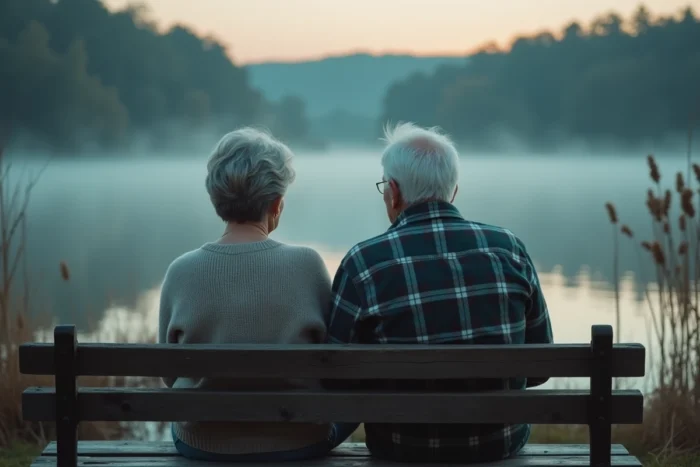 Couple assis au bord d'un lac feuilletant un album photo pour leurs noces de mercure après 38 ans de mariage