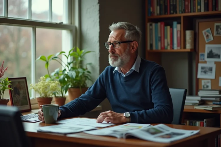 Olivier Dauvers réfléchissant à son bureau personnel entouré de documents professionnels et de photos de famille, illustrant l'influence de sa vie privée sur sa vision du travail