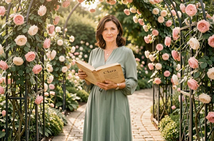 Femme en robe verte tenant un vieux livre sur l'étymologie du prénom Clara dans un jardin botanique européen fleuri
